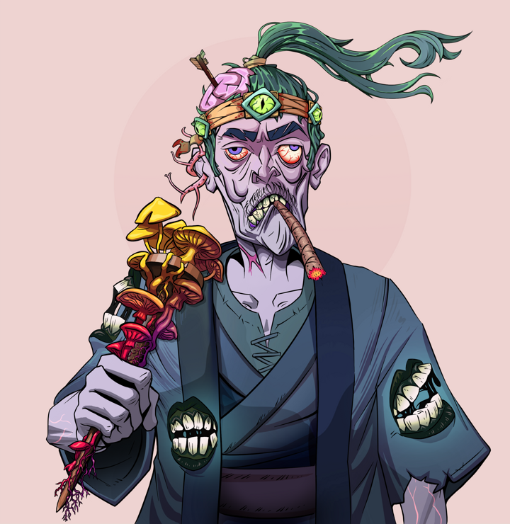 Raikou The Stoner — Degen Dojo NFT art (Tassel, Red High Moon, Demons, Blue Warrior Kimono, Raikou The Stoner, Shirtless Runt, Green Bandana, Rusty Nail, Mint)