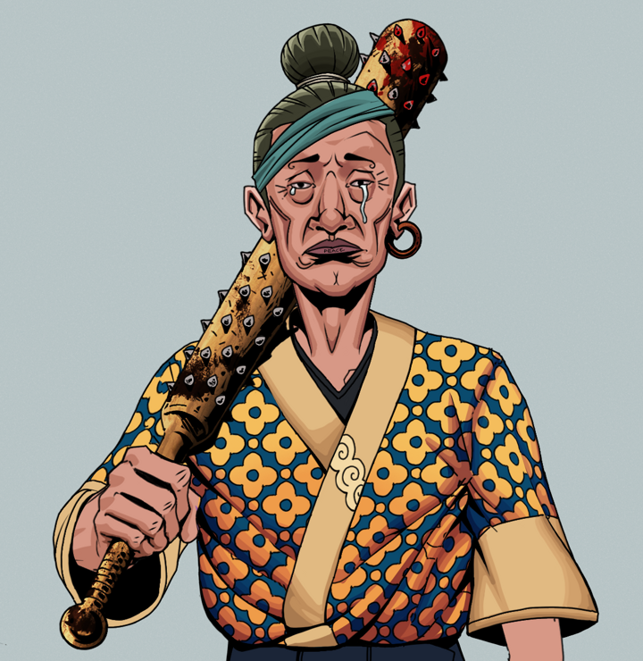 Teary Goro — Degen Dojo NFT art (Wooden Loop, Light Grey, Degens, Yellow Flowers Silk Kimono, Teary Goro, Shirtless Runt, Hair Bun, Yakuza Club, Mint)