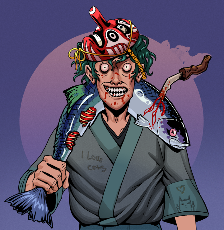 Assassin Fuzen — Degen Dojo NFT art (Shirtless Runt, Purple Night, Degens, Cet Kimono, Assassin Fuzen, Tengu Mask, Dead Fish, Mint)
