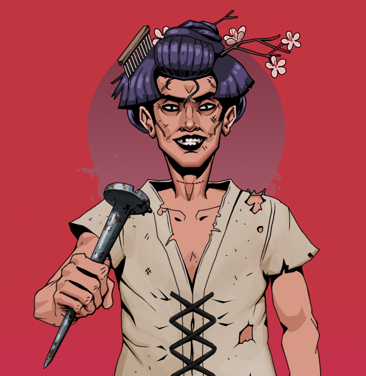 Junichiro Reborn — Degen Dojo NFT art (Shirtless Runt, Red High Moon, Degens, Rice Sack Rags, Junichiro Reborn, Disheveled Geisha, Rusty Nail, Mint)