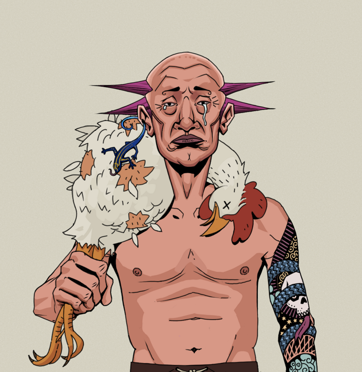 Teary Goro — Degen Dojo NFT art (Lizard, Warm Grey, Degens, Skull Sleeve, Teary Goro, Shirtless Runt, Dejen Mohawk, Chicken, Mint)