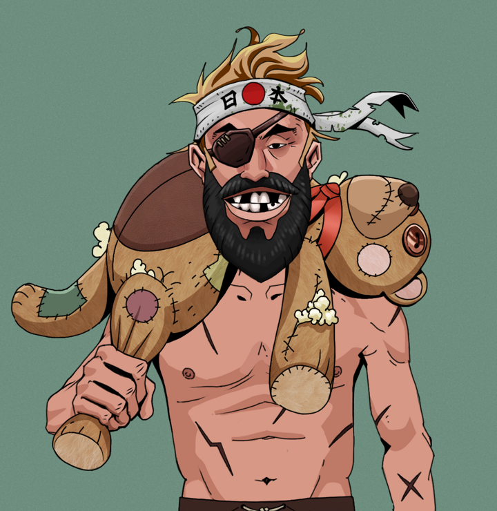 Igor The Veteran — Degen Dojo NFT art (Shirtless Runt, Olive Green, Degens, Battle Scars, Igor The Veteran, Karate Headband, Teddy Bear, Mint)