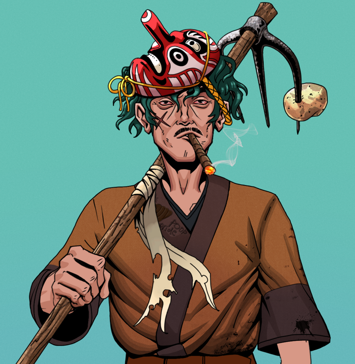 Raikou The Stoner — Degen Dojo NFT art (Shirtless Runt, Teal Daytime, Degens, Poop Pride Kimono, Raikou The Stoner, Tengu Mask, Farmers Hoe, Mint)
