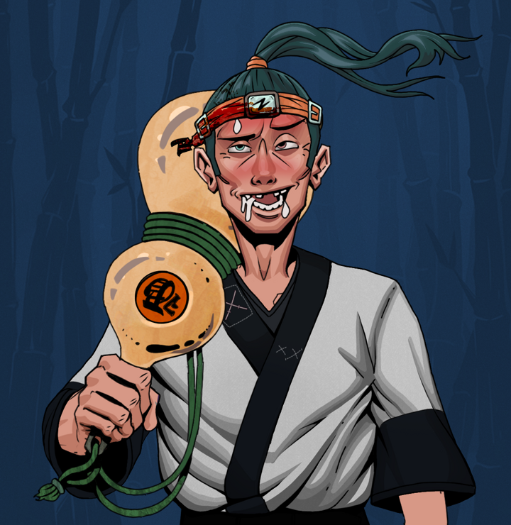 Yuuki — Degen Dojo NFT art (Shirtless Runt, Night Forest, Degens, Katana Kimono, Yuuki, Green Bandana, Giant Sake Bottle, Mint)