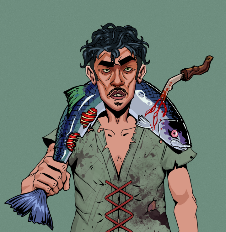 Gloomy Masumi — Degen Dojo NFT art (Shirtless Runt, Olive Green, Degens, Dirty Peasant Rags, Gloomy Masumi, Messy, Dead Fish, Mint)