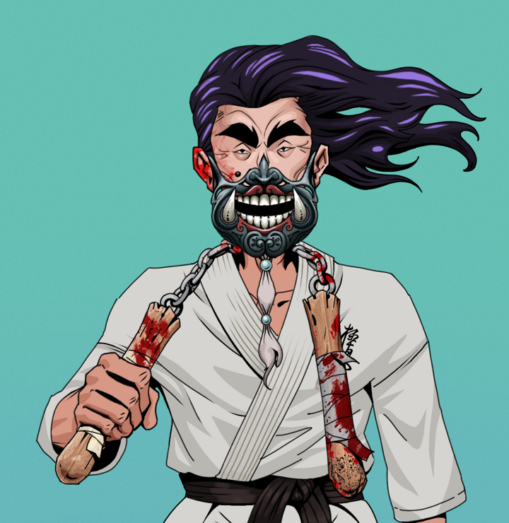 Yuji The Wise — Degen Dojo NFT art (Shirtless Runt, Teal Daytime, Degens, Student Gi, Yuji The Wise, Hannya Half Mask, Flowing Battousai, Bloody Nunchucks, Mint)