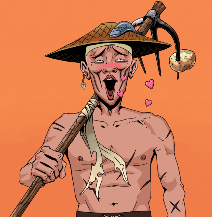 Lovey Haruto — Degen Dojo NFT art (Shark Tooth, Orange Afternoon, Degens, Battle Scars, Lovey Haruto, Shirtless Runt, Wide Kasa Fisherman, Farmers Hoe, Mint)