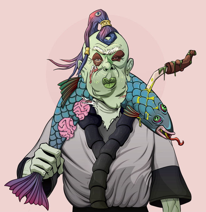 Fat Bob — Degen Dojo NFT art (Shirtless Runt, Red High Moon, Demons, Katana Kimono, Fat Bob, Dejen Samurai, Dead Fish, Mint)