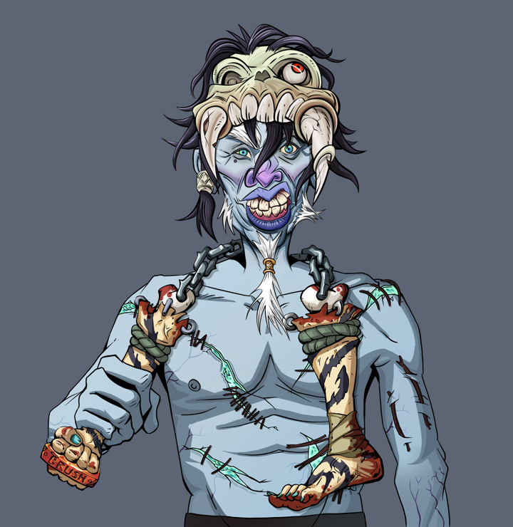 Yuji The Wise — Degen Dojo NFT art (Shirtless Runt, Shoji Night, Demons, Battle Scars, Yuji The Wise, Sabertooth Skull, Bloody Nunchucks, Mint)