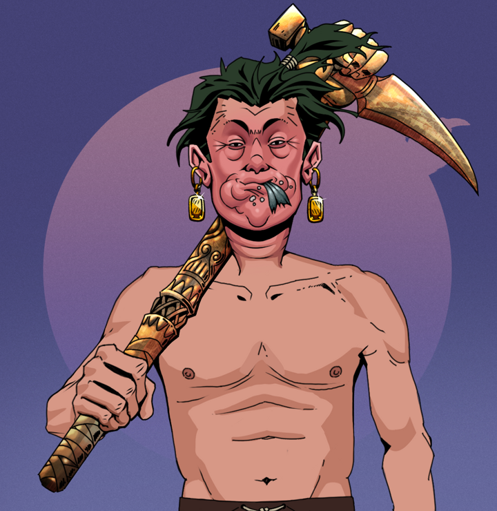 Fatty Bobsticks — Degen Dojo NFT art (Gold Earrings, Purple Night, Degens, Shirtless Runt, Fatty Bobsticks, Messy Ponytail, Bronze Fisted Sickle, Mint)