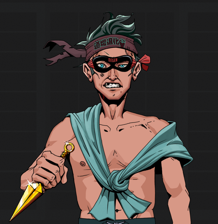 Akuma — Degen Dojo NFT art (Shirtless Runt, Shoji Night, Degens, Queeny Chic, Akuma, Degen Superhero, Degen Dojo Headband, Golden Kunai, Mint)