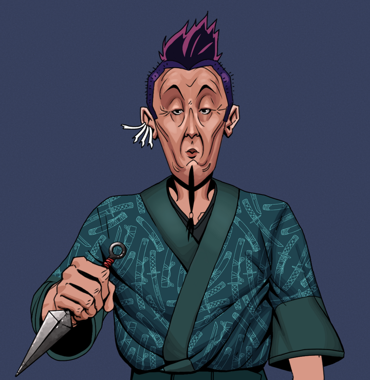 Edmundo — Degen Dojo NFT art (Chicken Bones, Blue Evening, Degens, Katanajamas Kimono, Edmundo, Shirtless Runt, Yakuza Hooligan, Kunai, Mint)