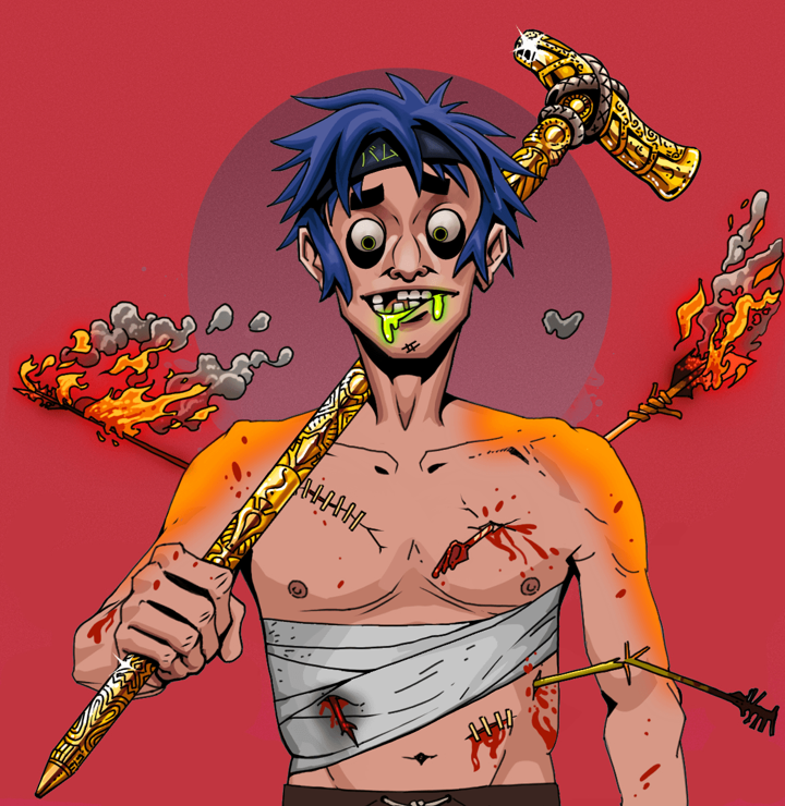Toxic Azuma — Degen Dojo NFT art (Shirtless Runt, Light Grey, Degens, Bloody Mess, Toxic Azuma, Bum Headband Ruffian, Golden Walking Cane, Mint)
