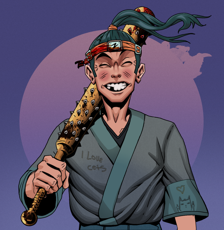 Cheery Haru — Degen Dojo NFT art (Shirtless Runt, Purple Night, Degens, Cet Kimono, Cheery Haru, Green Bandana, Yakuza Club, Mint)
