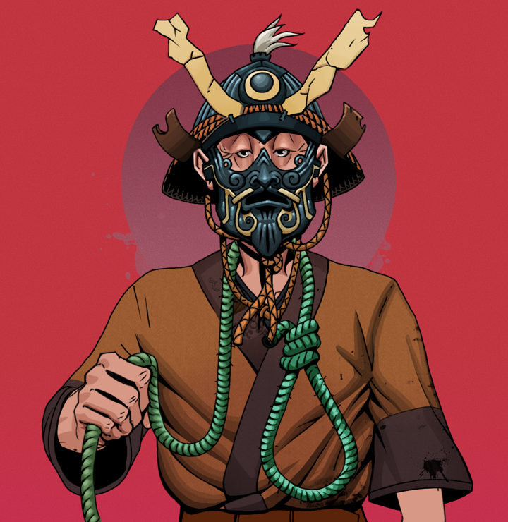Edmundo — Degen Dojo NFT art (Shirtless Runt, Red High Moon, Degens, Poop Pride Kimono, Edmundo, Tatami Kabuto, Noose, Mint)