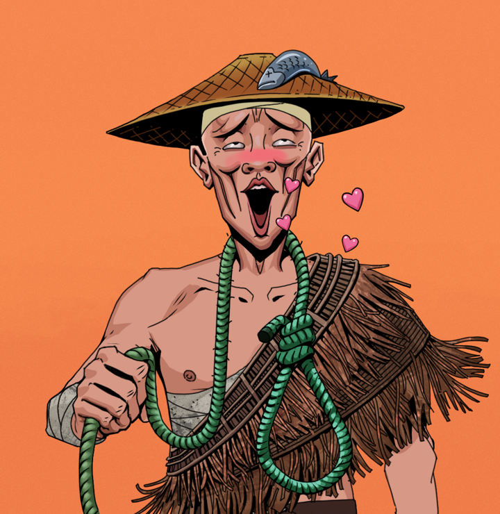 Lovey Haruto — Degen Dojo NFT art (Shirtless Runt, Orange Afternoon, Degens, Dried Straw, Lovey Haruto, Wide Kasa Fisherman, Noose, Mint)