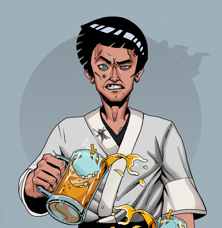 Akuma — Degen Dojo NFT art (Shirtless Runt, Grey Mist, Degens, No Honor Kimono, Akuma, Rock Lee, Beer Splash, Mint)