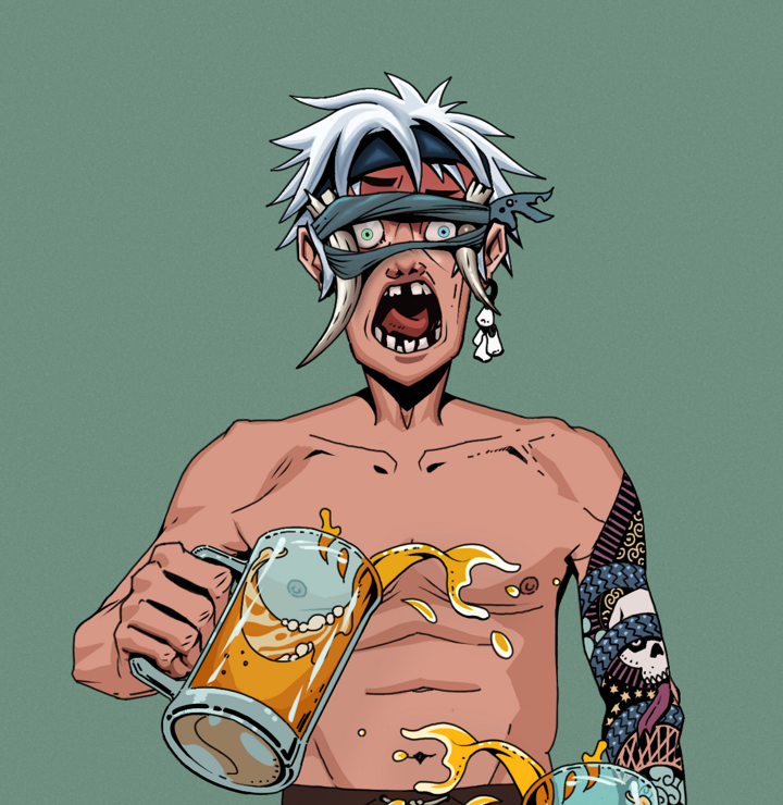 Tokuda — Degen Dojo NFT art (Foes Teeth, Olive Green, Degens, Skull Sleeve, Tokuda, Tied Horns, White Ruffian, Beer Splash, Mint)