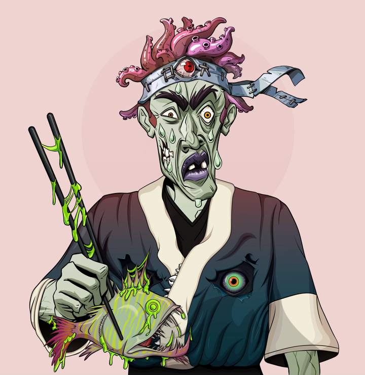 Stresshead Rin — Degen Dojo NFT art (Shirtless Runt, Red High Moon, Demons, Skull Kimono, Stresshead Rin, Karate Headband, Frightened Fugu, Mint)