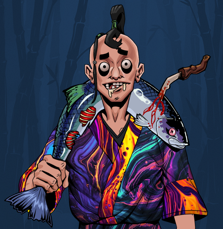 Drooling Azuma — Degen Dojo NFT art (Shirtless Runt, Night Forest, Degens, Rainbow Kimono, Drooling Azuma, Dejen Samurai, Dead Fish, Mint)