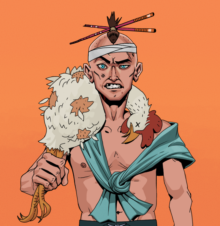 Akuma — Degen Dojo NFT art (Shirtless Runt, Orange Afternoon, Degens, Queeny Chic, Akuma, Hair Bun With Chopsticks, Chicken, Mint)