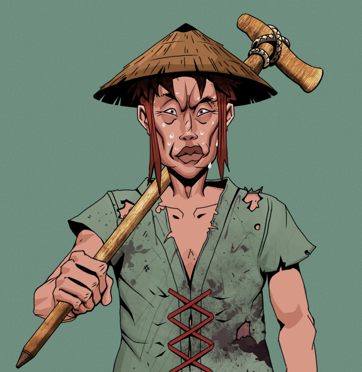 Stresshead Rin — Degen Dojo NFT art (Shirtless Runt, Olive Green, Degens, Dirty Peasant Rags, Stresshead Rin, Rice Hat, Wooden Walking Cane, Mint)