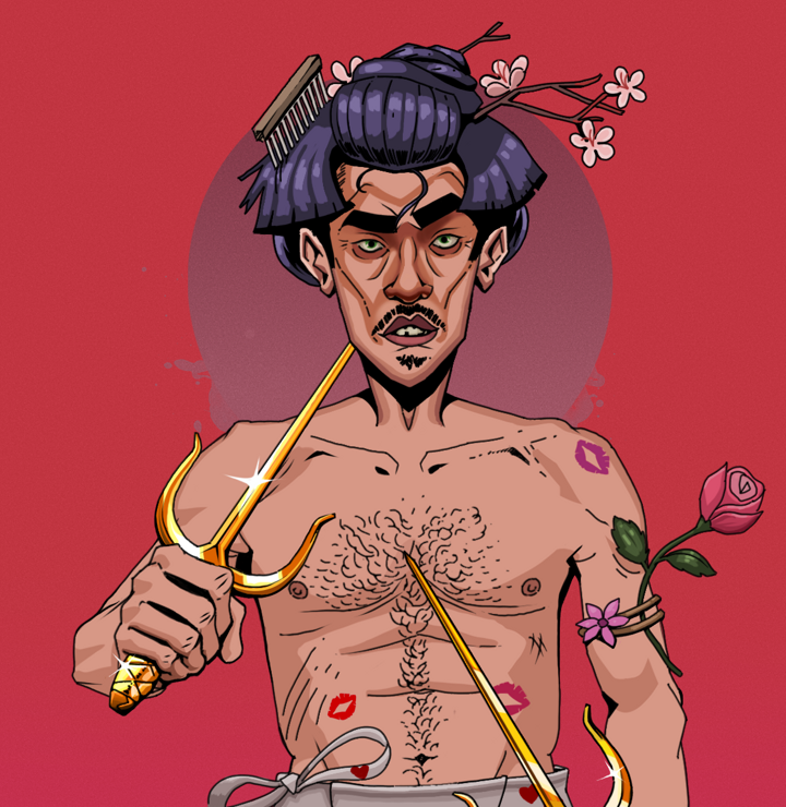 Gloomy Masumi — Degen Dojo NFT art (Shirtless Runt, Red High Moon, Degens, Womanizer, Gloomy Masumi, Disheveled Geisha, Golden Sai, Mint)