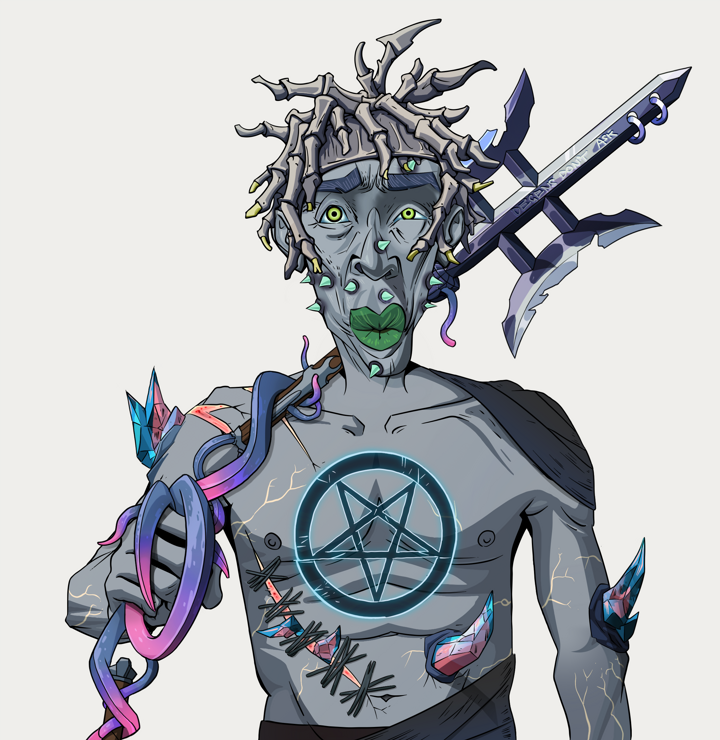 Gloomy Masumi — Degen Dojo NFT art (Shirtless Runt, Warm Grey, Demons, Recovering Alcoholic, Gloomy Masumi, White Ruffian, Bishamon Yari, Mint)