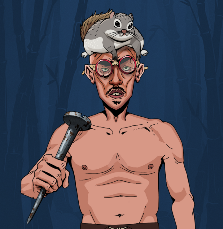 Gloomy Masumi — Degen Dojo NFT art (Shirtless Runt, Night Forest, Degens, Gloomy Masumi, Broken Glasses, Mr. Momonga Hat, Rusty Nail, Mint)