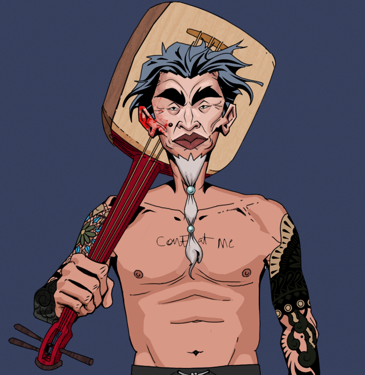 Yuji The Wise — Degen Dojo NFT art (Shirtless Runt, Blue Evening, Degens, Black Yakuza Sleeves, Yuji The Wise, Wavy, Shamisen, Mint)