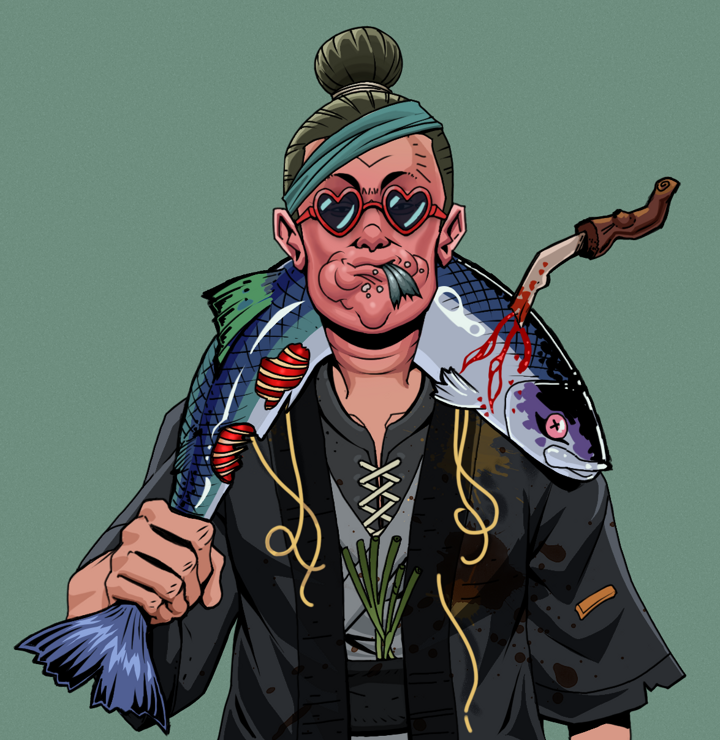 Fatty Bobsticks — Degen Dojo NFT art (Shirtless Runt, Olive Green, Degens, Glutton Fight, Fatty Bobsticks, Loveheart Shades, Hair Bun, Dead Fish, Mint)