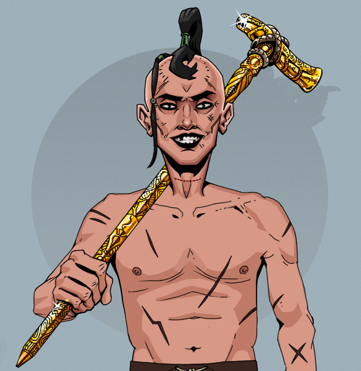 Junichiro Reborn — Degen Dojo NFT art (Shirtless Runt, Grey Mist, Degens, Battle Scars, Junichiro Reborn, Dejen Samurai, Golden Walking Cane, Mint)