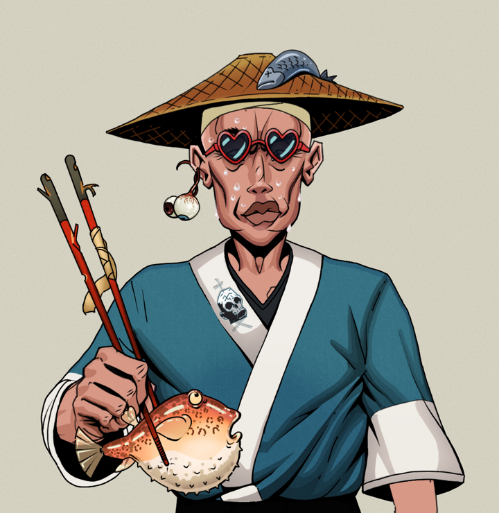 Stresshead Rin — Degen Dojo NFT art (Shaman Eyes, Warm Grey, Degens, Skull Kimono, Stresshead Rin, Loveheart Shades, Wide Kasa Fisherman, Frightened Fugu, Mint)