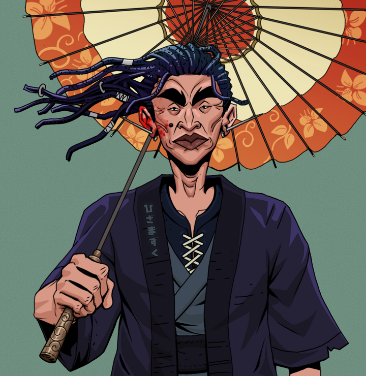 Young Yuji — Degen Dojo NFT art (Nails, Olive Green, Degens, Daimyo Warrior Kimono, Young Yuji, Shirtless Runt, Flowing Dreads, Floral Parasol, Mint)