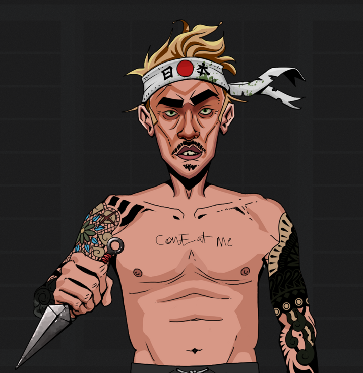 Gloomy Masumi — Degen Dojo NFT art (Shirtless Runt, Shoji Night, Degens, Black Yakuza Sleeves, Gloomy Masumi, Karate Headband, Kunai, Mint)