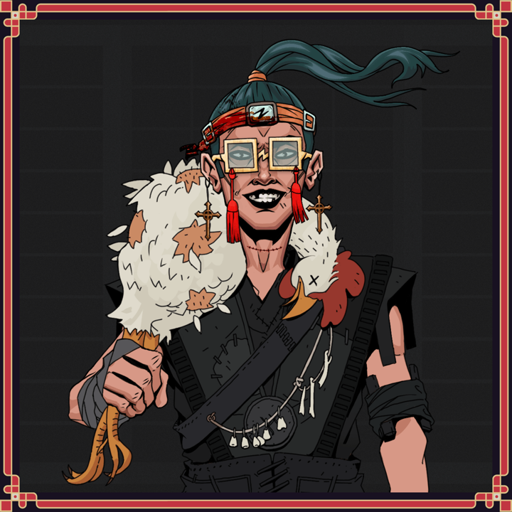 Junichiro Reborn — Degen Dojo NFT art (Jesuit Crosses, Shoji Night, Junichiro Reborn, Warlock Wannabe, Degen, Shoji Tassel Glasses, Green Bandana, Shrieking Pinky Whip, Chicken, Framed)