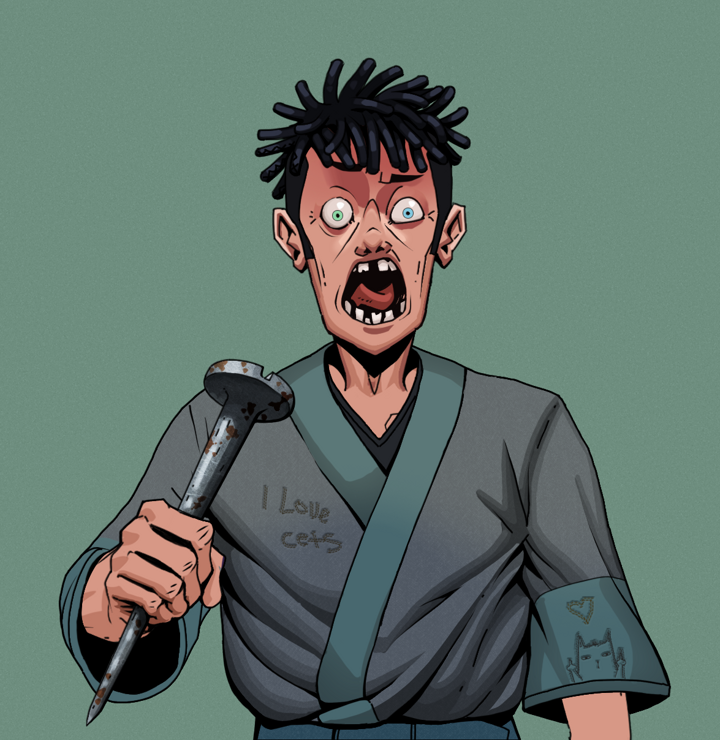 Tokuda — Degen Dojo NFT art (Shirtless Runt, Olive Green, Degens, Cet Kimono, Tokuda, Black Bantu Knots, Rusty Nail, Mint)
