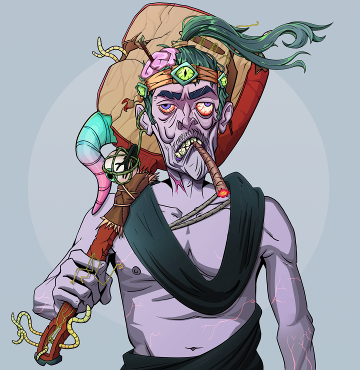 Raikou The Stoner — Degen Dojo NFT art (Shaman Eyes, Grey Mist, Demons, Queeny Chic, Raikou The Stoner, Shirtless Runt, Green Bandana, Shamisen, Mint)