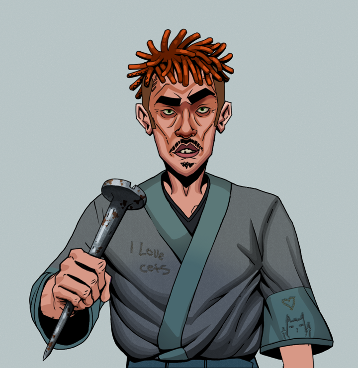 Gloomy Masumi — Degen Dojo NFT art (Shirtless Runt, Light Grey, Degens, Cet Kimono, Gloomy Masumi, Orange Bantu Knots, Rusty Nail, Mint)