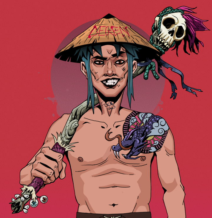 Junichiro — Degen Dojo NFT art (Shirtless Runt, Red High Moon, Degens, Dragon Head Tattoo, Junichiro, Degen Graffiti Rice Hat, Shaman Skull Staff, Mint)