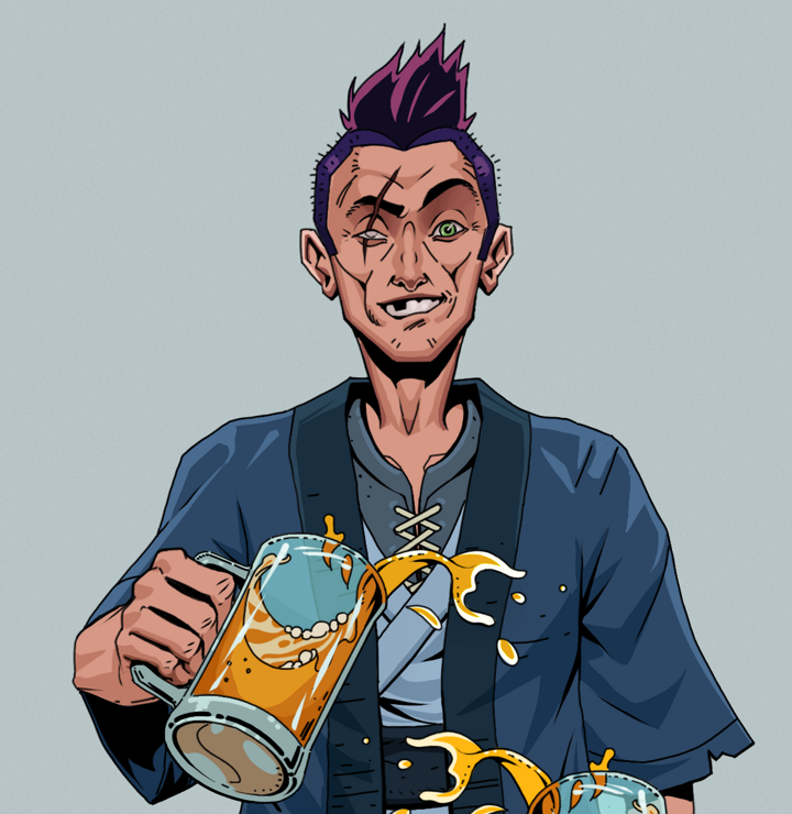 One-Eyed Itsuki — Degen Dojo NFT art (Shirtless Runt, Light Grey, Degens, Blue Warrior Kimono, One-Eyed Itsuki, Yakuza Hooligan, Beer Splash, Mint)
