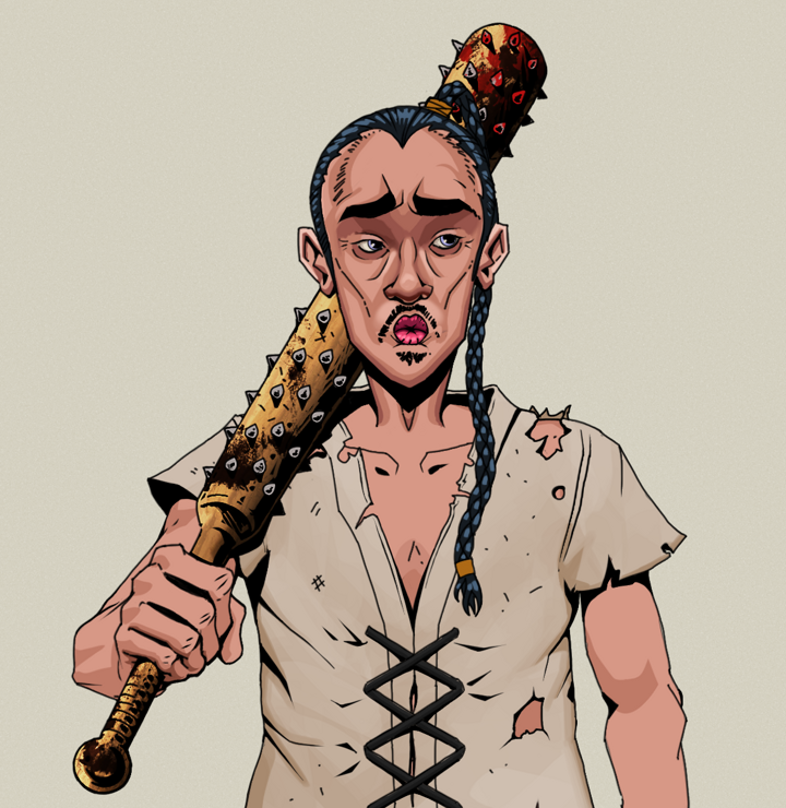 Masumi Steel — Degen Dojo NFT art (Shirtless Runt, Warm Grey, Degens, Rice Sack Rags, Masumi Steel, Braided Samurai Ponytail, Yakuza Club, Mint)