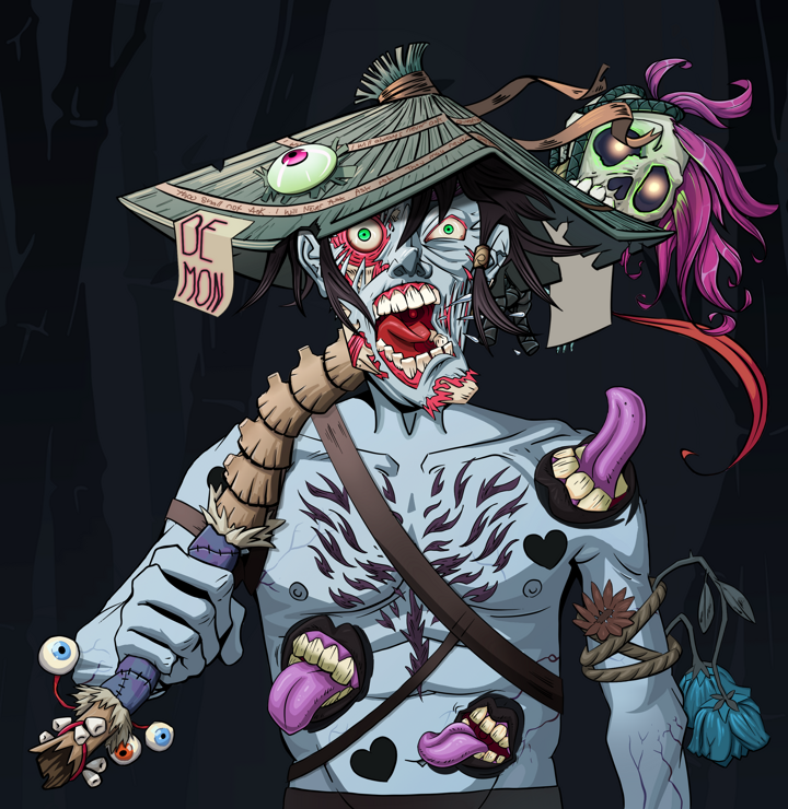 Tokuda — Degen Dojo NFT art (Shirtless Runt, Night Forest, Demons, Womanizer, Tokuda, High Straw Rice Hat, Shaman Skull Staff, Mint)