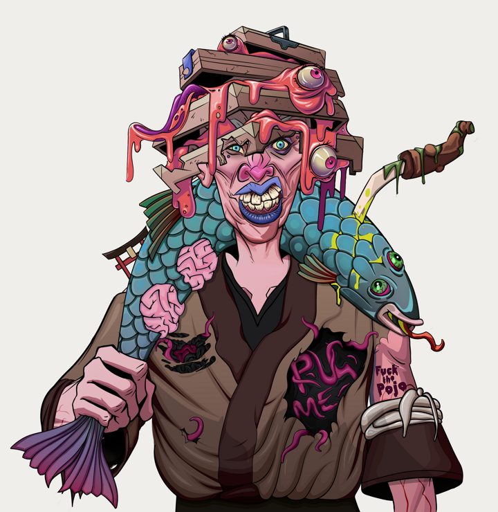 Young Yuji — Degen Dojo NFT art (Shirtless Runt, Warm Grey, Demons, Degen Dojo Kimono, Young Yuji, Tengai Basket, Dead Fish, Mint)