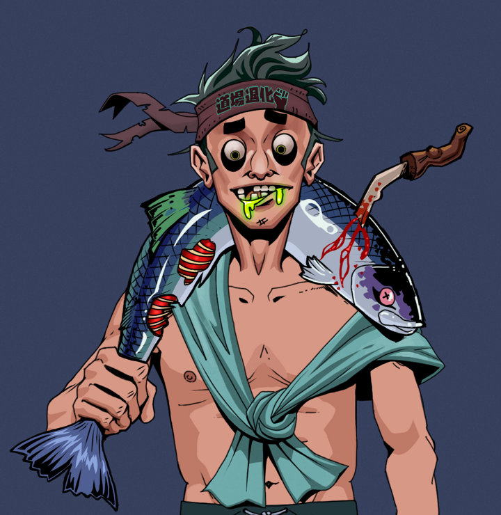 Toxic Azuma — Degen Dojo NFT art (Shirtless Runt, Blue Evening, Degens, Queeny Chic, Toxic Azuma, Degen Dojo Headband, Dead Fish, Mint)