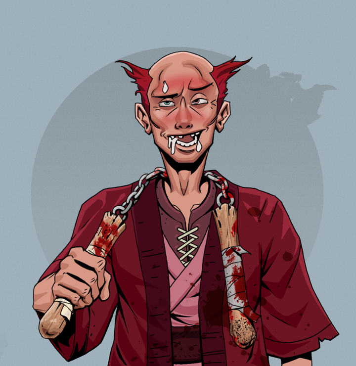 Yuuki — Degen Dojo NFT art (Shirtless Runt, Grey Mist, Degens, Red Warrior Kimono, Yuuki, Red Heihachi, Bloody Nunchucks, Mint)