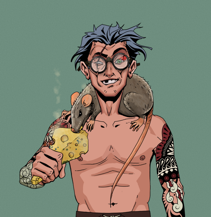 One-Eyed Itsuki — Degen Dojo NFT art (Shirtless Runt, Olive Green, Degens, Yakuza Tattoo Sleeves, One-Eyed Itsuki, Bloodied Glasses, Wavy, Mr. Rumi The Rat, Mint)