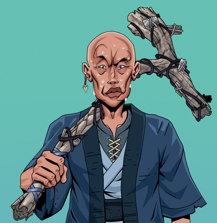 Stresshead Rin — Degen Dojo NFT art (Shark Tooth, Teal Daytime, Degens, Blue Warrior Kimono, Stresshead Rin, Shirtless Runt, Bald, Large Branch, Mint)