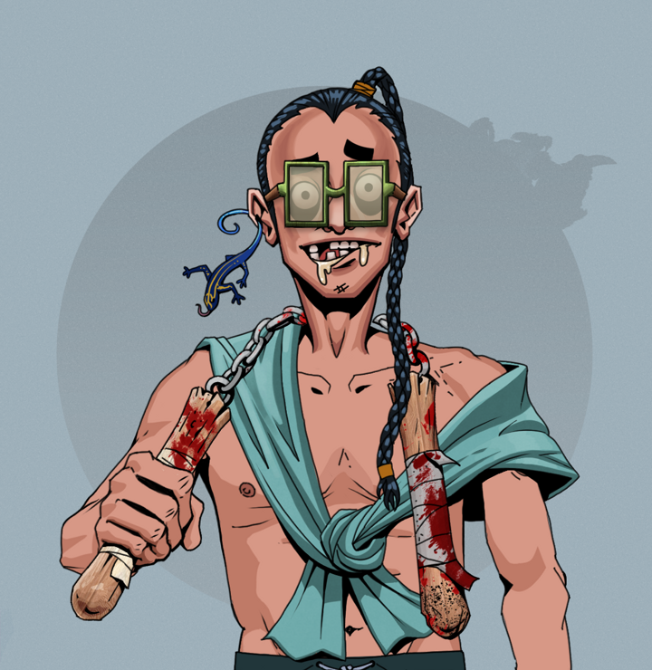 Drooling Azuma — Degen Dojo NFT art (Lizard, Grey Mist, Degens, Queeny Chic, Drooling Azuma, Shoji Glasses, Braided Samurai Ponytail, Bloody Nunchucks, Mint)