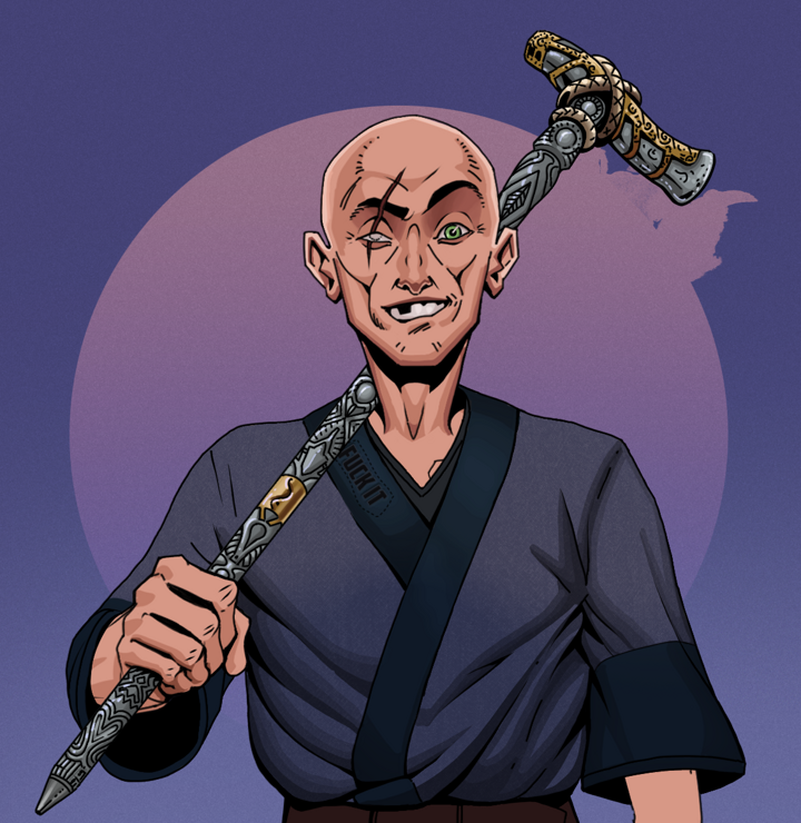 One-Eyed Itsuki — Degen Dojo NFT art (Shirtless Runt, Purple Night, Degens, Fuck You Kimono, One-Eyed Itsuki, Bald, Artisan Walking Cane, Mint)
